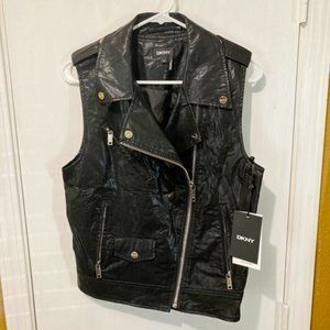 DKNY women's XS faux leather diagonal zipper shoulder strap motorcycle moto vest